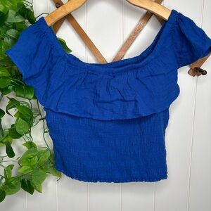NWT Old Navy Top Blue Ruffled Smocked Off The Shoulder Crinkle Gauze Boho Medium